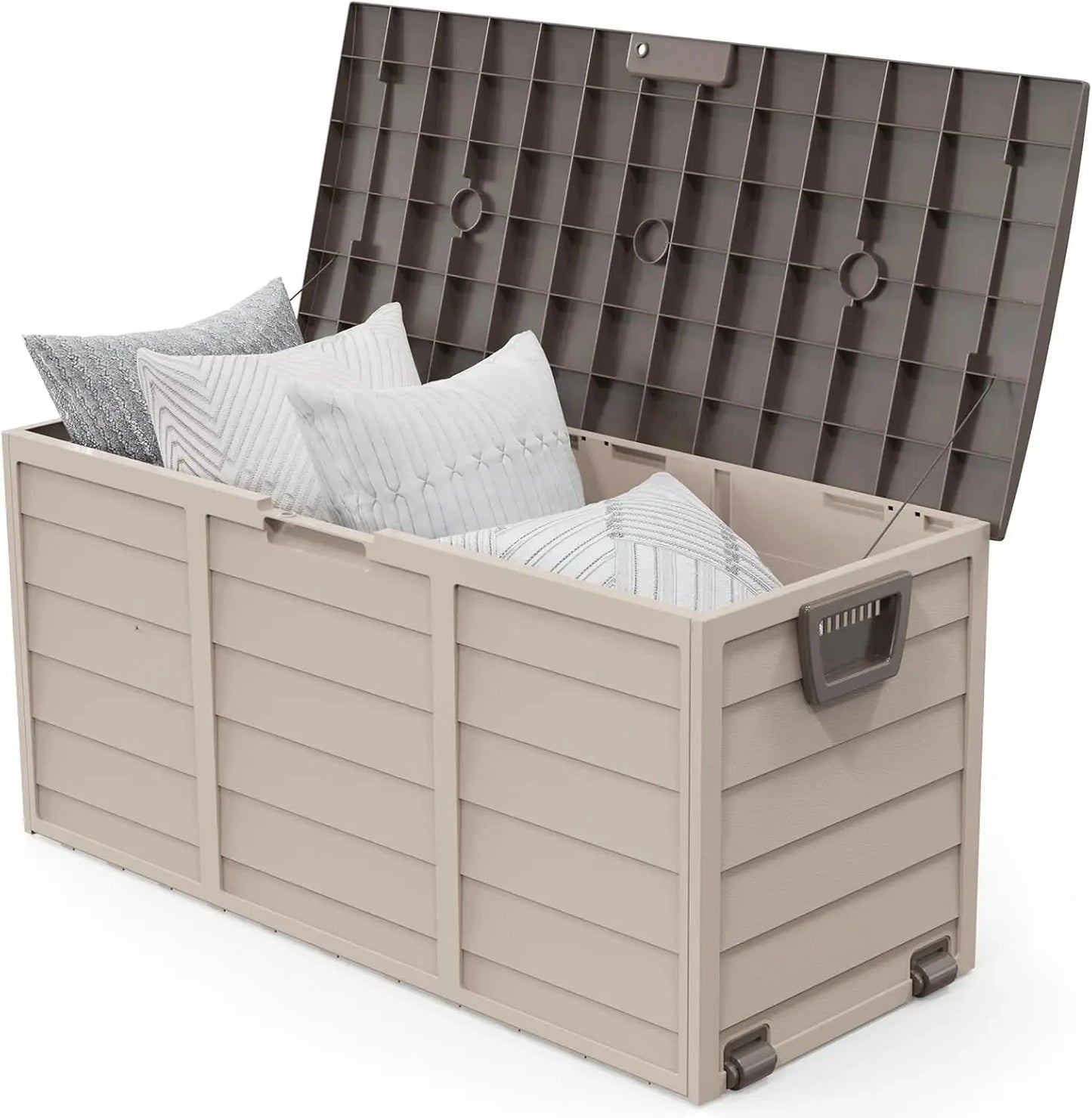 75 Gallon Outdoor Storage Box, Lockable Plastic Storage Containers with Lid, Patio Deck Box Furniture for Garden, Pool, Balcony, Good Vibrations