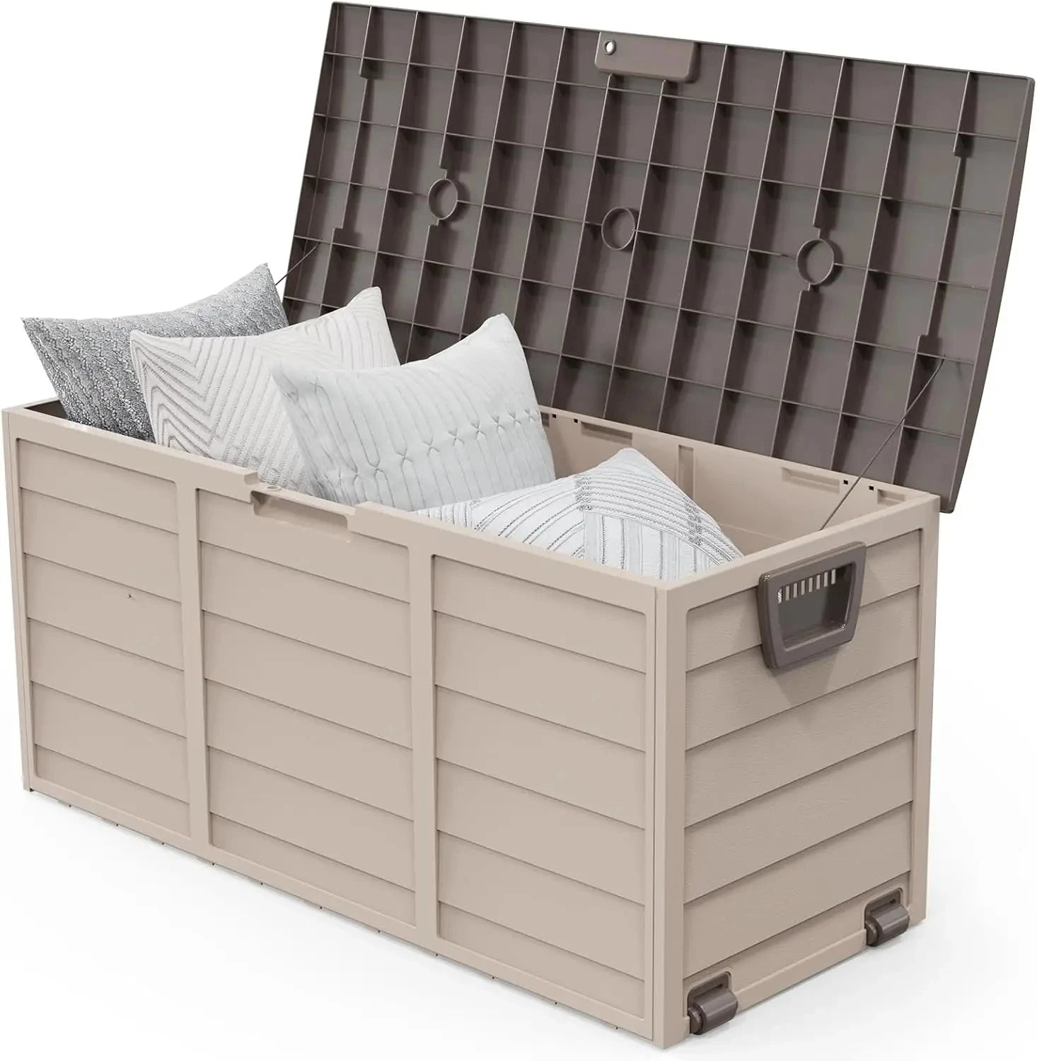 75 Gallon Outdoor Storage Box, Lockable Plastic Storage Containers with Lid, Patio Deck Box Furniture for Garden, Pool, Balcony, Good Vibrations