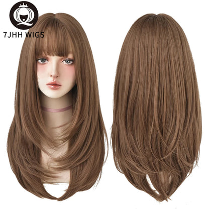7JHHWIGS Long Wavy Synthetic Black Wigs For Women With Fringe Fashion Heat Resistant Mid-Length Daily Straight Light Brown Hair Good Vibrations