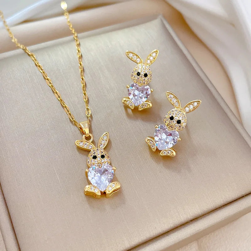 Stainless Steel Jewelry Sets for Woman Girls Shining Austrian Crystal Cute Rabbit Pendant Necklace Huggie Earrings Birthday Gift Good Vibrations Adult Super Store