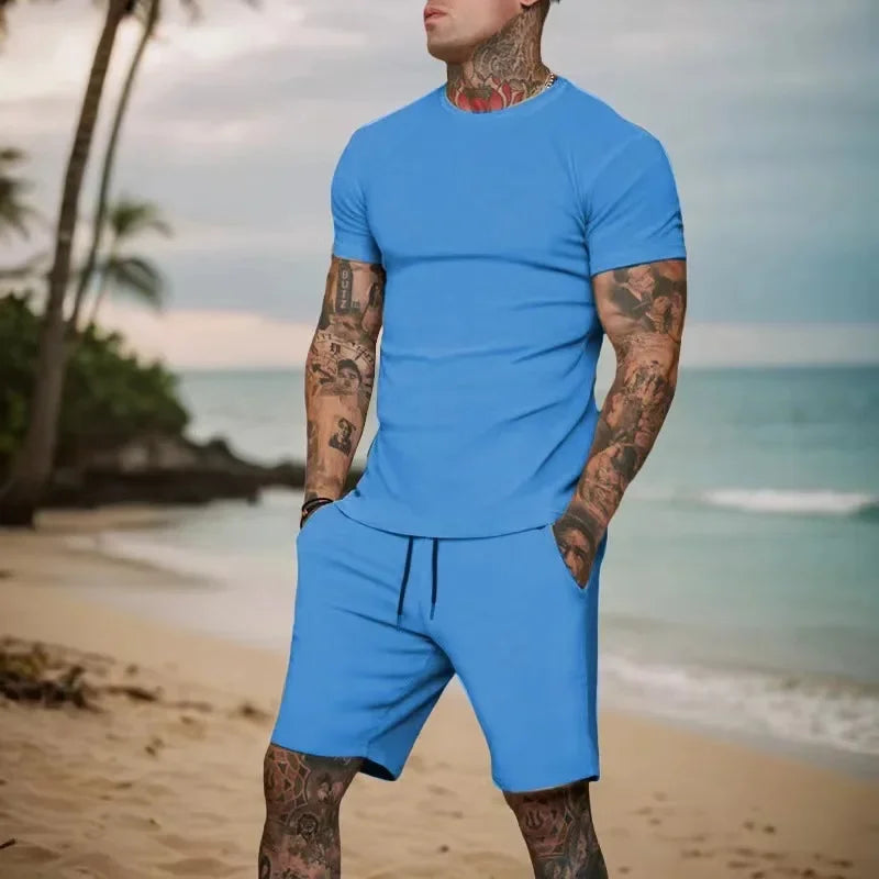 2025 Fashionable and casual summer outdoor sports suit men's breathable T-shirt shorts casual and fashionable two-piece set Good Vibrations