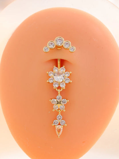 Gold Color Stainless Steel Belly Button Ring Long Dangled Flower CZ Crystal Navel Belly Piercing Rings for Women Sexy Jewelry Good Vibrations Adult Super Store