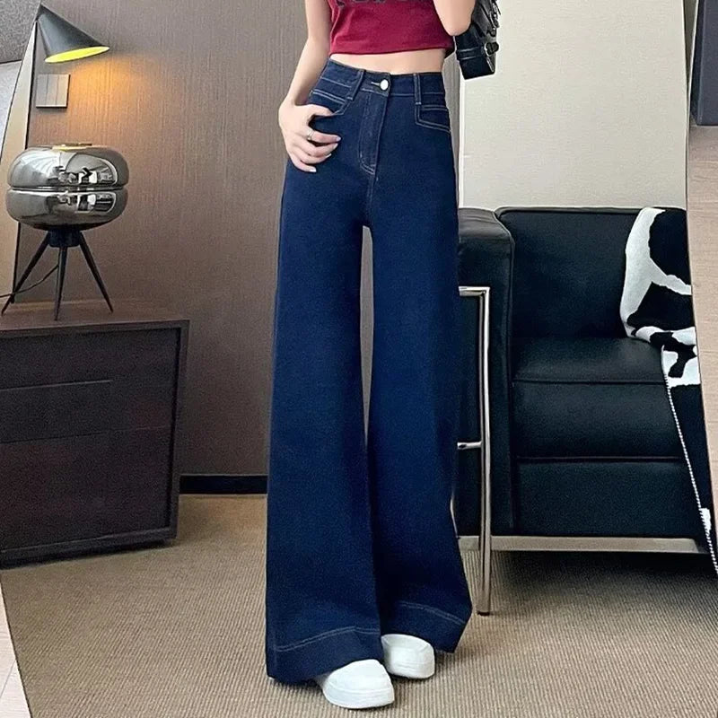 Girls Fashion Korean Straight Casual Jeans Female Baggy High Waist Wide Leg Denim Pants Women Classic Wash Dark-blue Trousers Good Vibrations