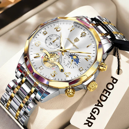 POEDAGAR Luxury High Quality Man Wristwatch Chronograph Stainless Steel Quartz Men's Watches Waterproof Luminous Men Clock Reloj Good Vibrations