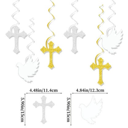 Religious Party Decor Set First Communion Baptism Hanging Swirls & Wooden Confetti Cross Dove Star for Christian Party Supplies Good Vibrations