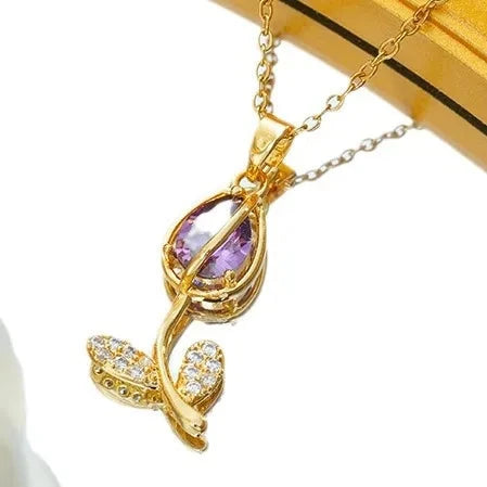 Colorful Zircon Tulip Pendant Necklaces for Women Girls Stainless Steel Chain Trendy Romantic Jewelry Accessories Gifts Good Vibrations