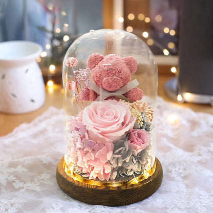 Valentine's Day Gift for Girlfriend Eternal Preserved Rose Flower Gift Box Teddy Bear Eternal Flower with Lights Gift for Women Good Vibrations