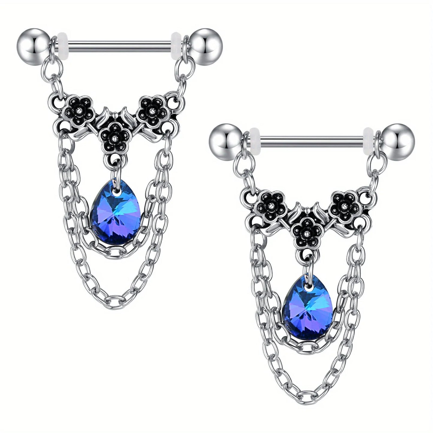 1pair Stainless Steel Nipple Rings, Nipple Barbell With Chain CZ, Nipple Piercing Jewelry Good Vibrations Adult Super Store