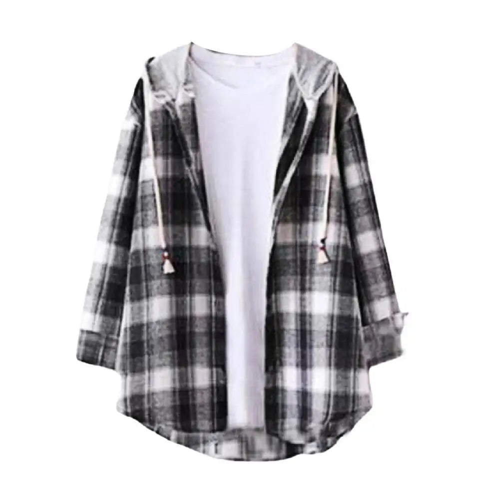 Autumn Women Shirts Hoodie Coat Plaid Print Loose Hooded Long Sleeves Drawstring Cardigan Single-breasted Buttons Spring Jacket Good Vibrations