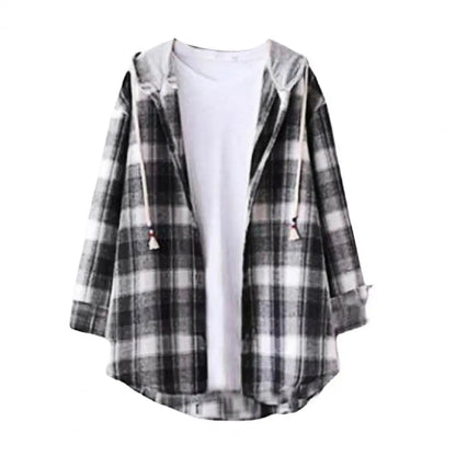 Autumn Women Shirts Hoodie Coat Plaid Print Loose Hooded Long Sleeves Drawstring Cardigan Single-breasted Buttons Spring Jacket Good Vibrations