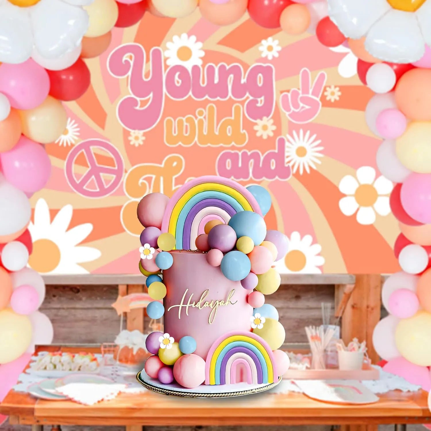 Boho Hippie Cake Toppers 35PCS - Flower & Rainbow Ball Decor for Girl Birthday Party, Room & Nursery Theme Decorations Good Vibrations