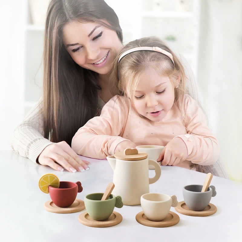 Wooden Montessori Toys Toddler Pretend Play Tea Party Set Silicone Teapot Cups Wood Tray Scoop Toys for Kids Birthday Gift Good Vibrations