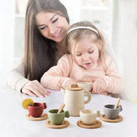 Wooden Montessori Toys Toddler Pretend Play Tea Party Set Silicone Teapot Cups Wood Tray Scoop Toys for Kids Birthday Gift Good Vibrations