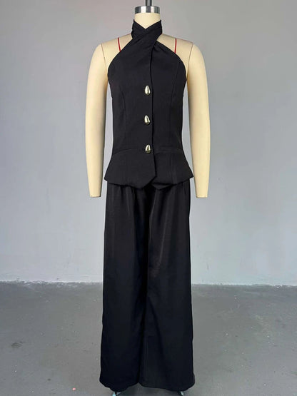 Summer Outfits for Women Halter Neck Waistcoat and High Waist Suit Pants Two Piece Set Office Wear Ladies Casual Suit Good Vibrations