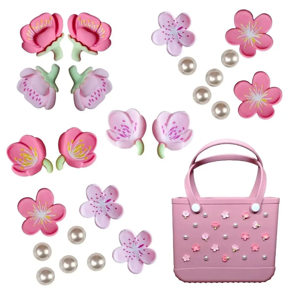 24Pcs Flowers and Pearls Charms for Bogg Bag Compatible with Women Rubber Beach Bag Tote Handbag Decoration Good Vibrations