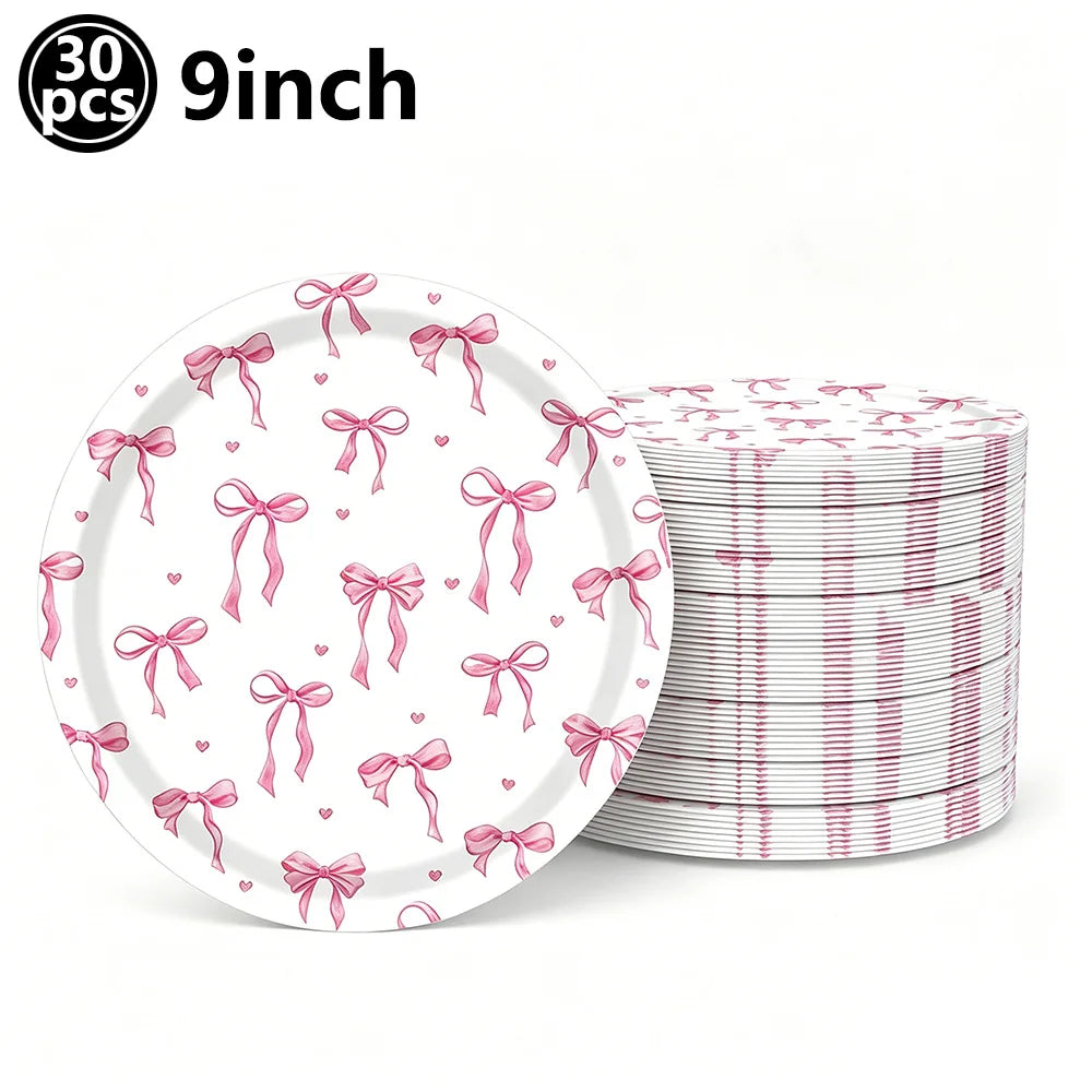 Pink Banner Happy Birthday Bow Balloon Straw Disposable Paper Plate Napkin Cup Tableware Princess Girl Birthday Party Supplies Good Vibrations
