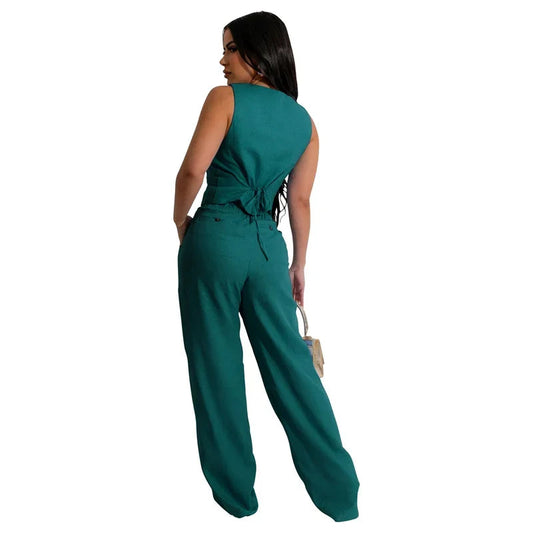 Fashion Elegant Two Piece Set for Women Workwear Office Lady Sleeveless Vest Single-breasted Top + Wide Leg Pants Business Suit Good Vibrations