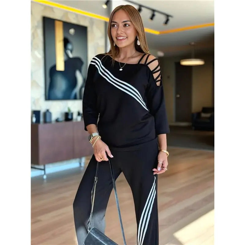 Women's Ribbed Tracksuit Set Long Sleeve Round Neck Top With Wide Leg Athletic Pants Outfit - Good Vibrations