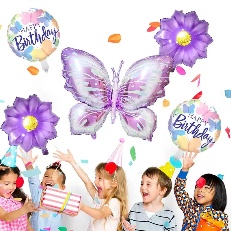 5 Pcs Butterfly Foil Balloons Set Purple Sunflower Set Baby Shower Wedding Romantic Butterfly Theme Birthday Party Decorations Good Vibrations