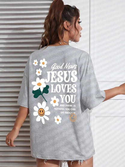 Good News Jesus Loves You Print Women T-Shirt Summer O-Neck T Shirts Basic All-Match Short Sleeve Breathable Comfortable Tops Good Vibrations