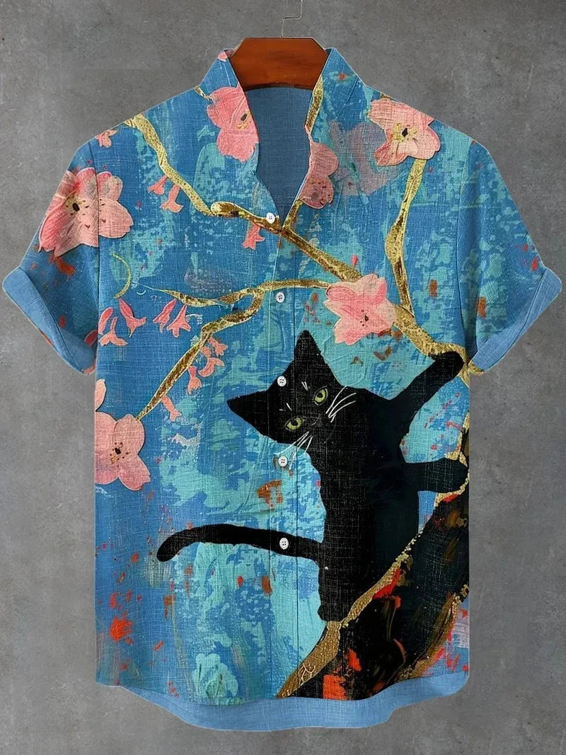 Men's Cat Graphics Shirts Short Sleeved Button Down Lapel Shirt For Summer Oversized Tops Vacation Casual Hawaiian Shirts Good Vibrations
