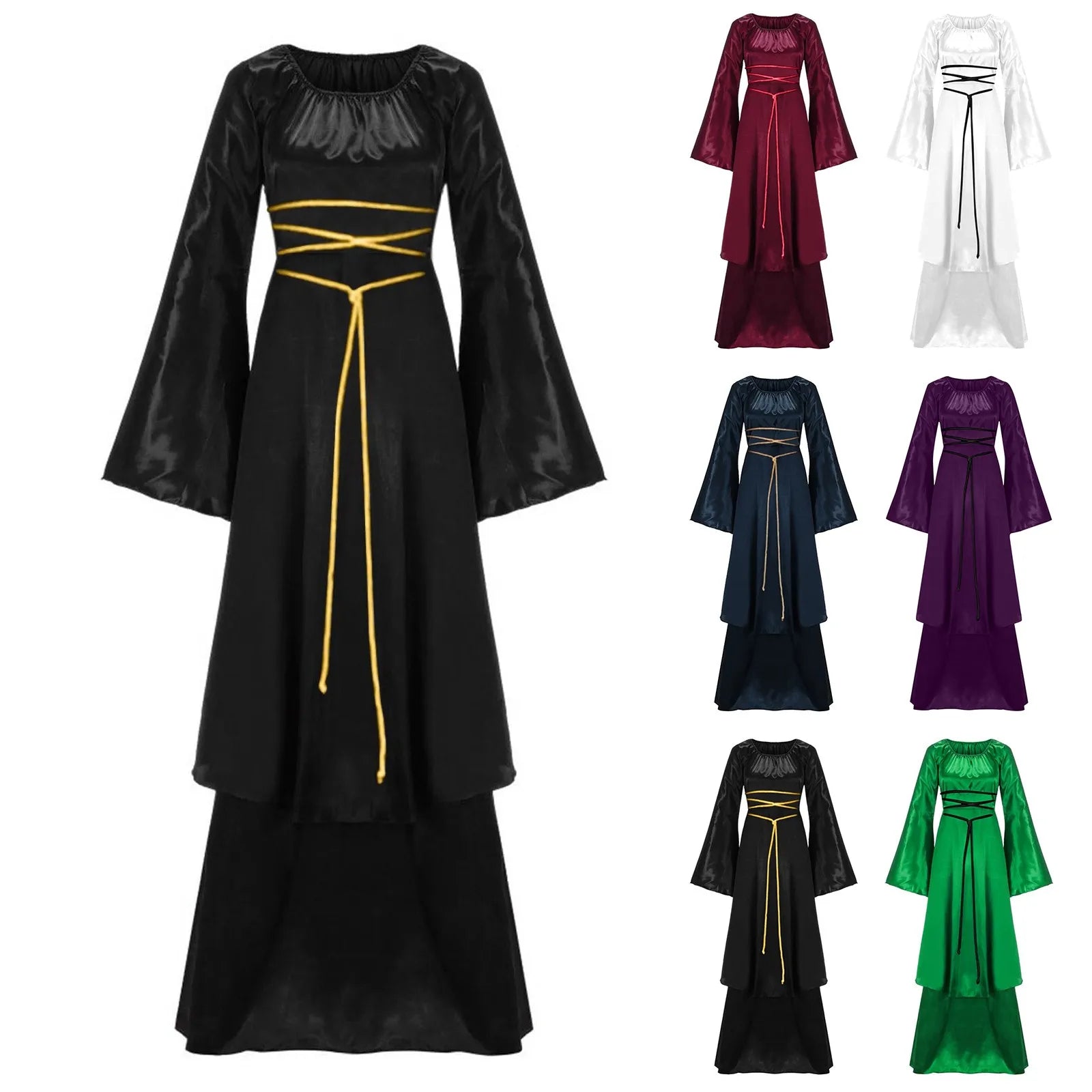Halloween cosplay medieval dress long-sleeve belted irregular hem polyester costume unisex retro style
