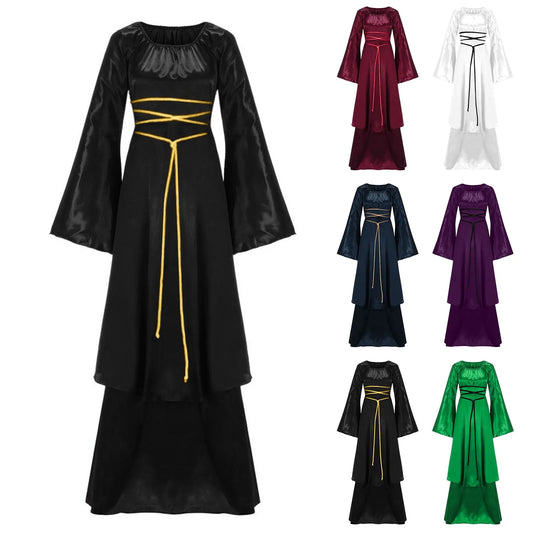 Halloween cosplay medieval dress long-sleeve belted irregular hem polyester costume unisex retro style