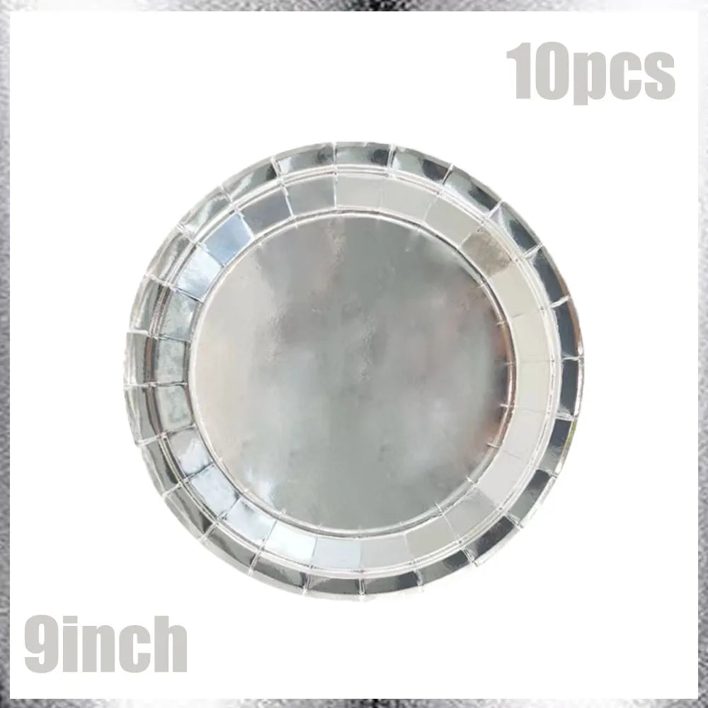 Birthday Party Decor Silver Paper Plates Banner Tablecloth Disposable Tableware Set Baby Shower Wedding Bachelor Party Supplies Good Vibrations