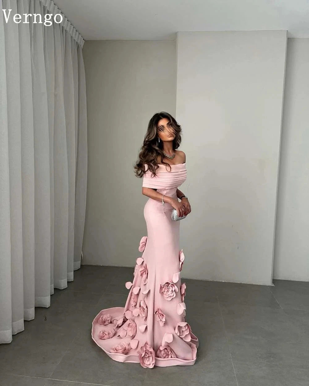 Verngo Pink Crepe Evening Dress 3D Flowers Mermaid Elegant Prom Party Dress Arabic Formal Prom Gown Customized Good Vibrations