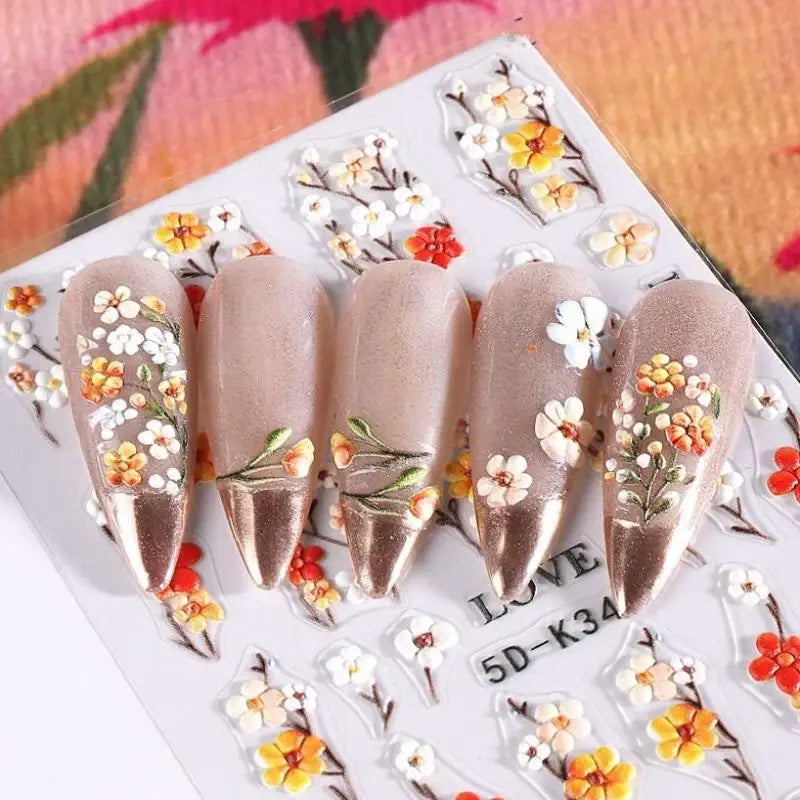 ★★★Colorful 5D Flower Embossed Nail Stickers Fresh Floral Designs Five-Petal Flower Self-Adhesive DIY Nail Art Decals Good Vibrations