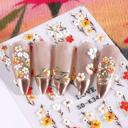 ★★★Colorful 5D Flower Embossed Nail Stickers Fresh Floral Designs Five-Petal Flower Self-Adhesive DIY Nail Art Decals Good Vibrations