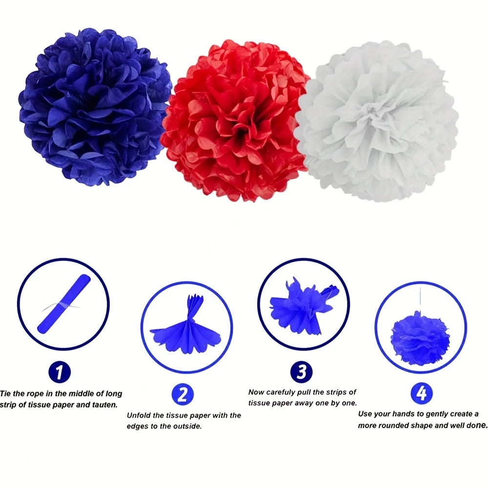 12pcs Red, Blue and White Party Decoration Ceiling Wall Hanging Tissue Flowers Decorations for Wedding Independence Day Good Vibrations