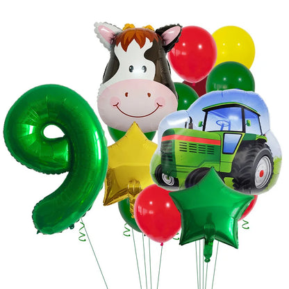 14pcs Farm Themed Tractor Milk Cow Head Balloon 32 inch Green Number Birthday Balloon Set Festive Party Decoration Birthday Gift Good Vibrations