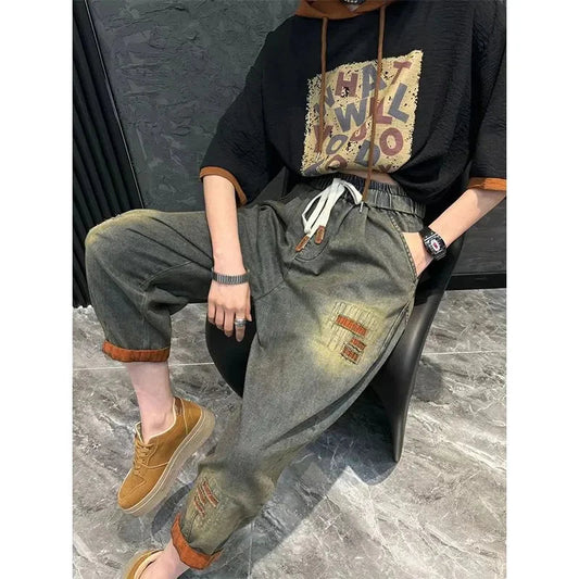 Jeans Set Women Denim Pants Two Piece Set 2025 New Loose Plus size Casual Suit Female Fashion Hooded Printed Jeans Sets Good Vibrations