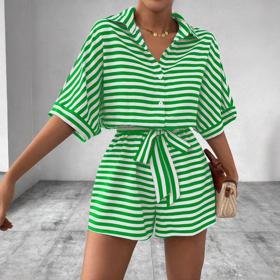 Summer New Set For Women's Casual Loose Comfortable Outfit Fashion Striped Batwing Sleeve Shirt Top+ Shorts 2-piece Sets Woman Good Vibrations