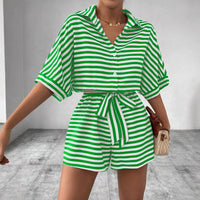 Summer New Set For Women's Casual Loose Comfortable Outfit Fashion Striped Batwing Sleeve Shirt Top+ Shorts 2-piece Sets Woman Good Vibrations