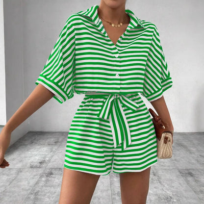 Summer New Set For Women's Casual Loose Comfortable Outfit Fashion Striped Batwing Sleeve Shirt Top+ Shorts 2-piece Sets Woman Good Vibrations