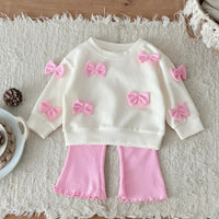 2025 Spring Autumn New Kids Cute Bowknot Long Sleeved Outfit Set Baby Boy Girl Cartoon Casual Tracksuit Pink Flared Pants Suit Good Vibrations