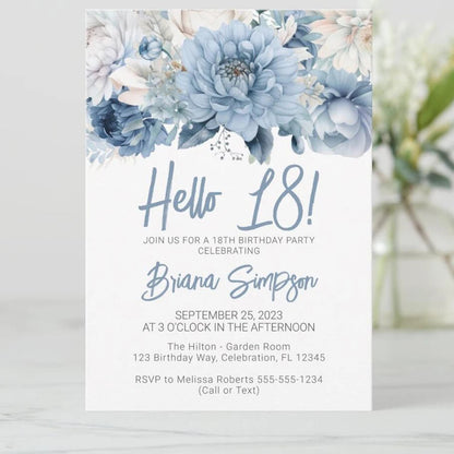 5/20/100pcs 18th birthday invitations, Watercolor Blue Floral birthday invitations 18, Sunflower Birthday Invitation Good Vibrations