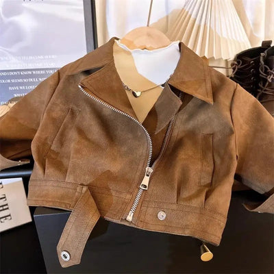 2 3 4 5 6 8 Years Girls Jacket Spring Autumn New Fashion Artificial Leather Coat For Kids Leisure Stain Resistant Outerwear