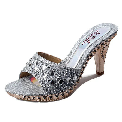 Summer Women Sandals Rhinestone Women Shoes Sexy High Heels Shoe Ladies Sandalias Gold Silver Women Slippers Heeled Sandals Sexy Good Vibrations