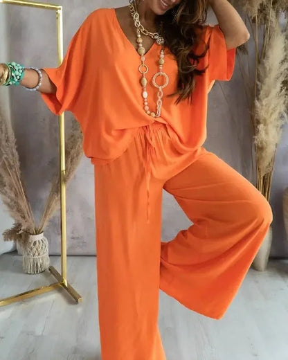 Summer White Two Piece Set For Women V Neck Bat Sleeve Top Casual Loose Lace Up Wide-leg Pants 2 Piece Suit Home Outfits Women's Good Vibrations