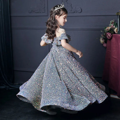 Girl's Western Style Evening Dress Flower Girl Sequined Catwalk Host Piano Performance Princess Dress Good Vibrations