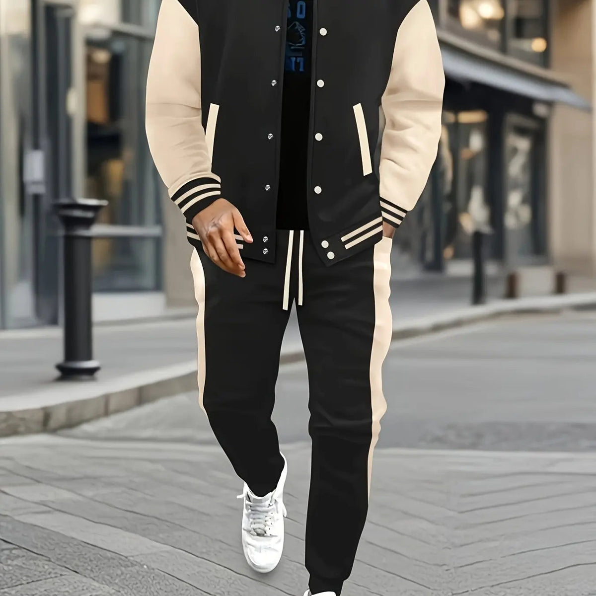 Men's Casual Baseball Jacket & Pants Color Block Polyester Button-Up with Belt Detail for Spring/Fall 1/2pieces Good Vibrations