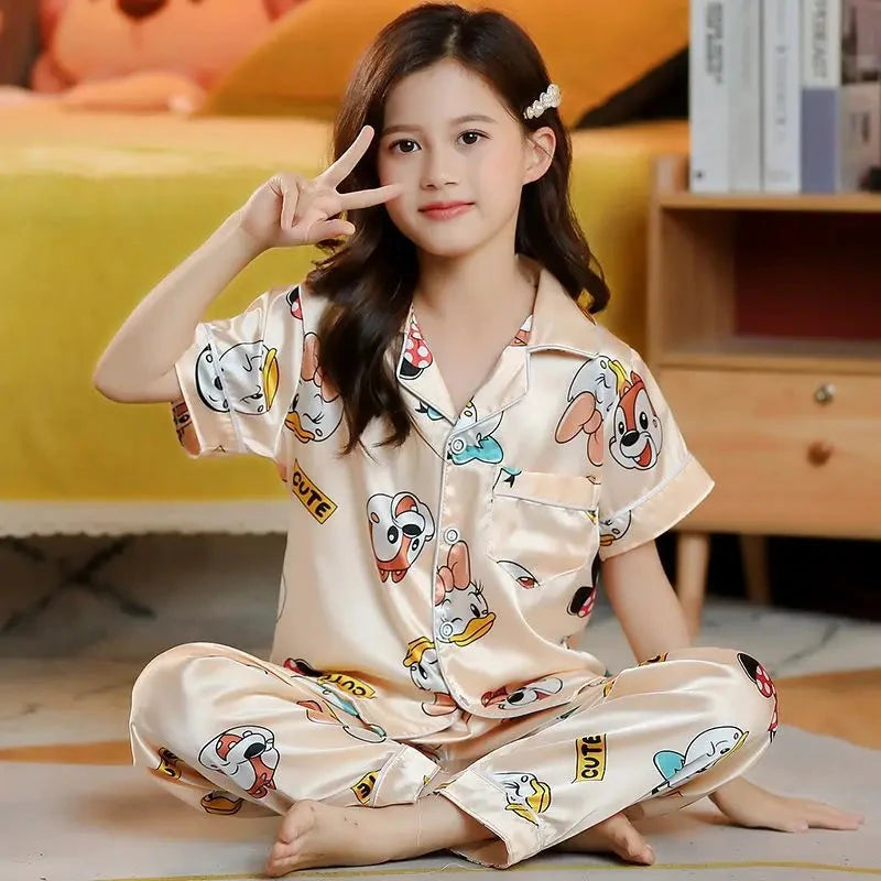 New Kids Spring Autumn Silk Satin Pajamas Set Girls Cartoon Button-Down Long Sleeve 2 Pieces Tops+Pants Sleepwear Pyjama Clothes Good Vibrations
