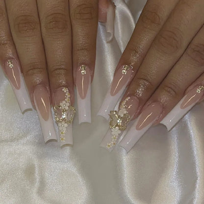 24Pcs Long Coffin French False Nails with Glue Bow Diamond Stick on Press on Acrylic Nails Black Ballerina Nail Art Manicure Tip Good Vibrations