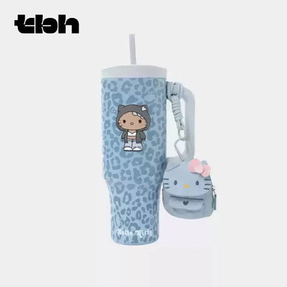 TBH Leopard Print Kitty Series Straw Thermos Cup Travel Sports Water Bottle Stainless Steel Cold Insulation Cup Girls Gift Good Vibrations