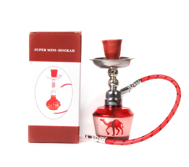 Mini glass shisha set with single hose and ceramic bowl, portable design.