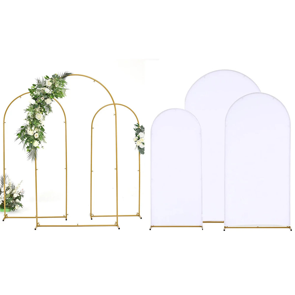 Wedding Arch Backdrop Stand and Cover Set (7.2FT, 6.6FT, 5.9FT) 3 Gold Metal Arch Stands 3 White Spandex Arch Covers for Party Good Vibrations