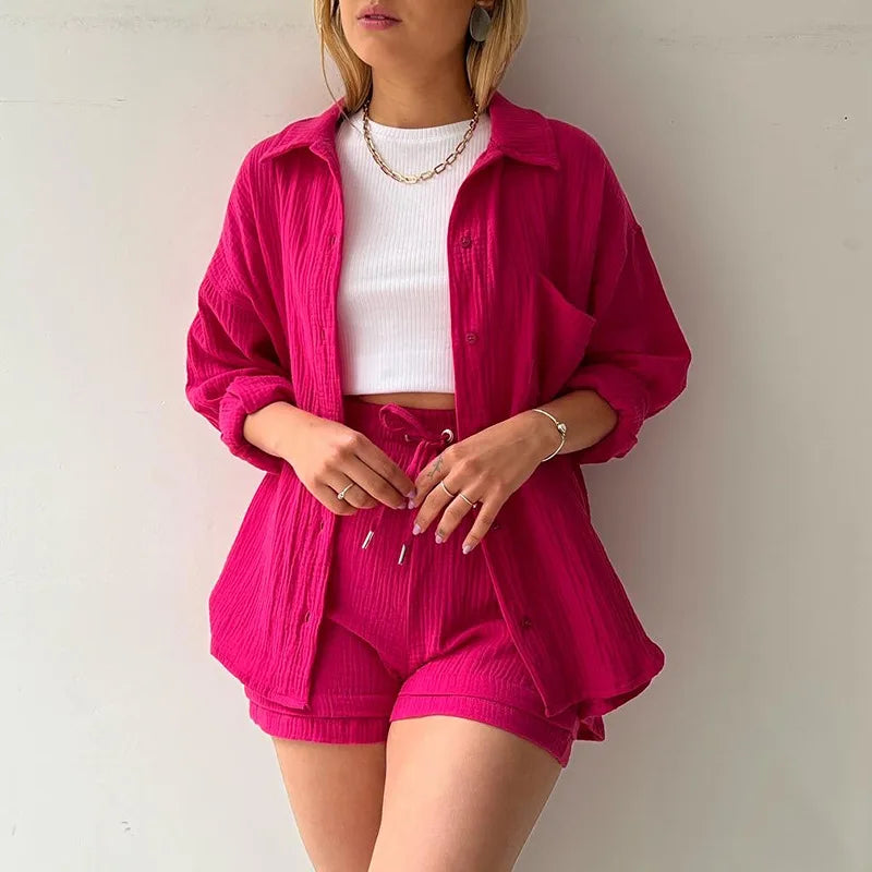 Solid Color Casual Loose Short Pants Sets For Women 2025 Elegant Summer Women's Two Pieces Suit Full Set Female Outfit Clothes Good Vibrations